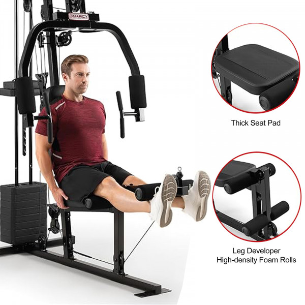 Image of a model using the leg developer of the Marcy MKM-81030 Home Gym