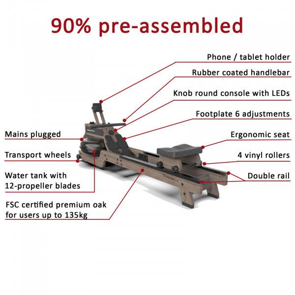 Angled view of the Marcy AquaPro Hydro Rower highlighting key components and construction details