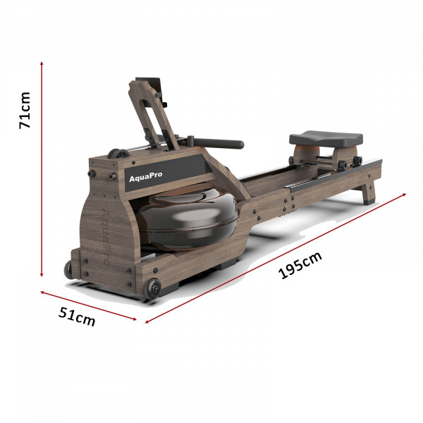 Side angled view of the Marcy AquaPro Hydro Rower with dimensions shown