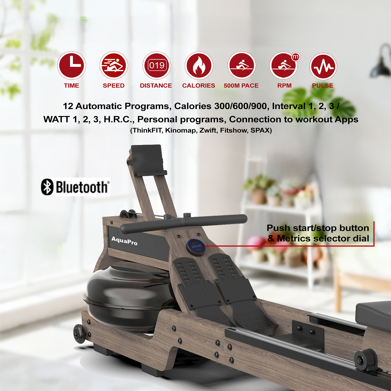 Front angled view of the Marcy AquaPro Hydro Rower showing workout metrics and Bluetooth connectivity 