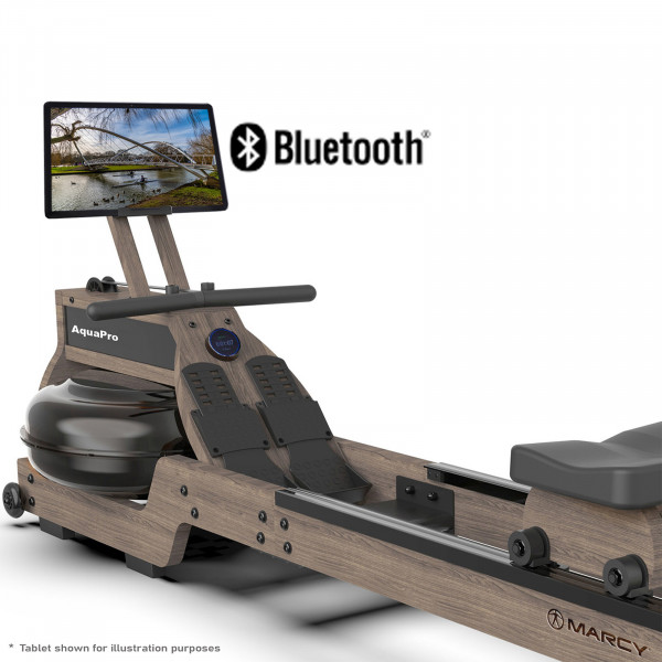 Close-up of the Marcy AquaPro Hydro Rower with tablet holder and Bluetooth connectivity