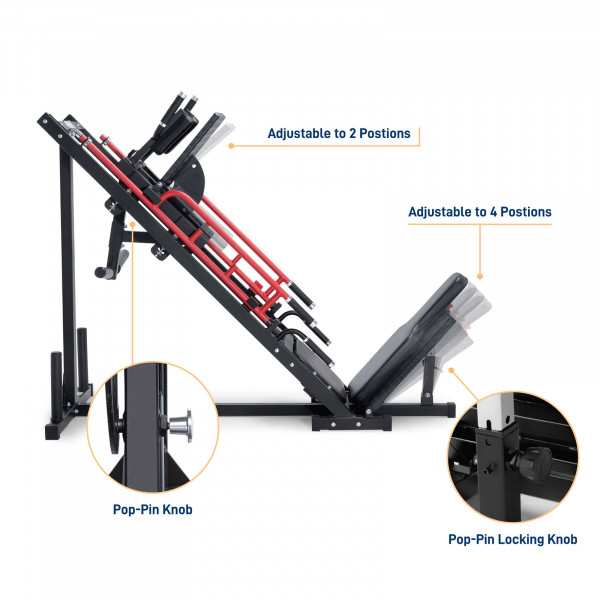 Image of the Marcy MWM0418 Home Leg Press & Hack Squat showing the machine's adjustments.