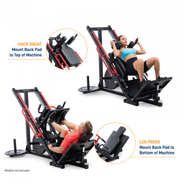 Infographic image of the Marcy MWM0418 Home Leg Press & Hack Squat showcasing the exercises you can perform on the machine.