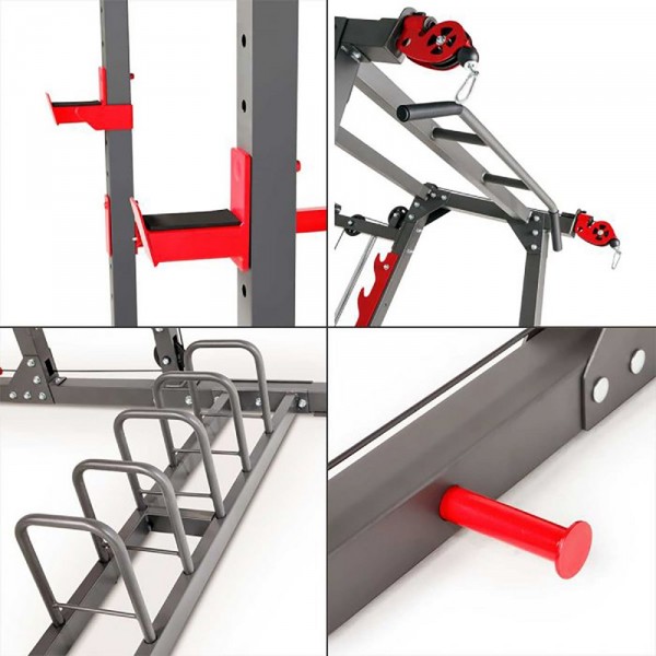 Multi-grip pull-up bar, adjustable bar holders, resistance band anchor, and weight plate storage rack on the Marcy Pro SM-4903 Smith Machine.