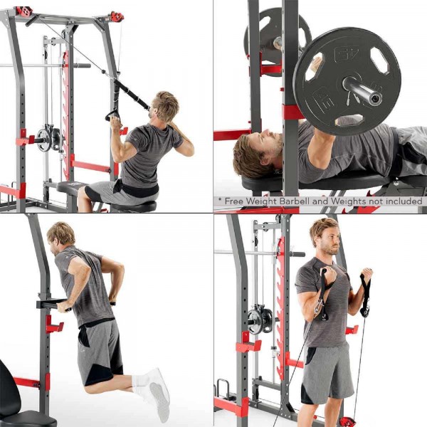 Display of various workout options available on the Marcy Pro SM-4903 Smith Machine.