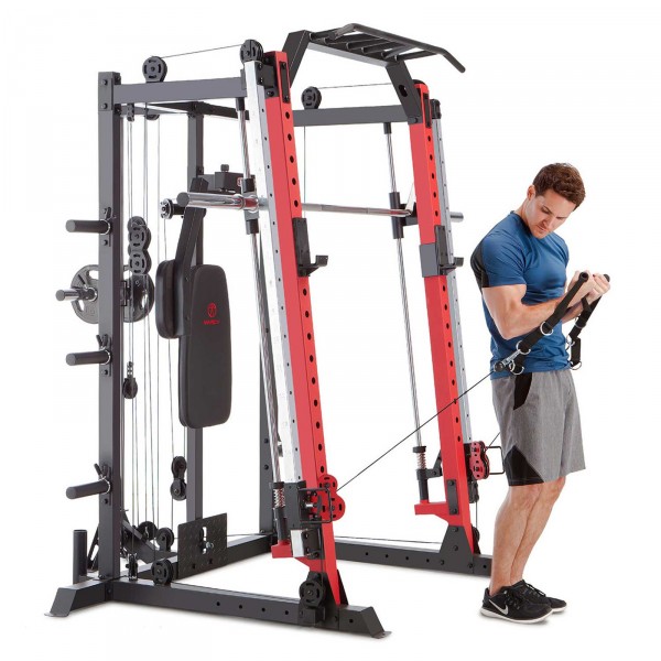 User performing cable curls on the Marcy SM-4033 Smith Machine.