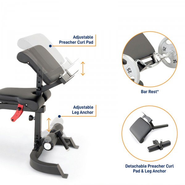 Detailed view of the adjustable curl pad, leg anchor, and curl bar holder on the Marcy SM-4033 Smith Machine.