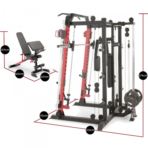 Dimensions of the Marcy SM-4033 Smith Machine and its bench.