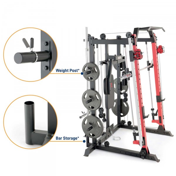 Detailed view of storage options on the Marcy SM-4033 Smith Machine.