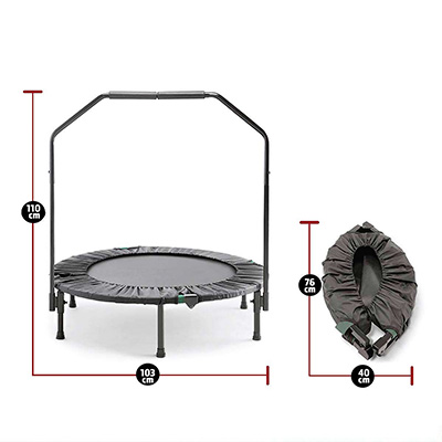 Dimensions view of the Marcy Cardio Trampoline in open and folded positions 