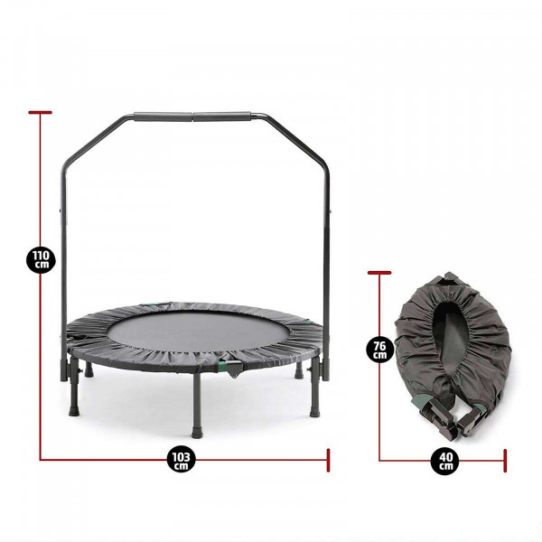 Dimensions view of the Marcy Cardio Trampoline in open and folded positions