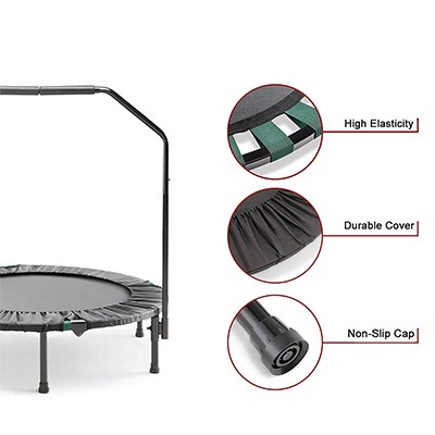 Feature view of the Marcy Cardio Trampoline with labelled components 