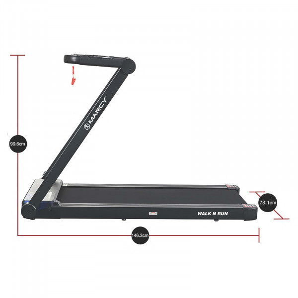 Side view of the Marcy Walk N Run Walking Pad Treadmill with dimensions shown