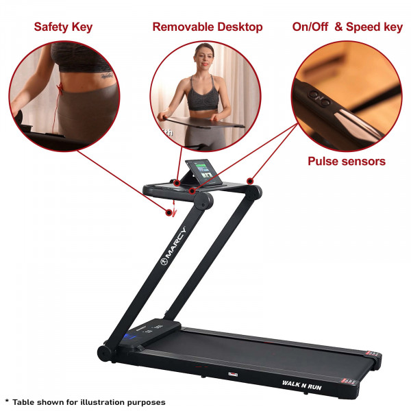Marcy Walk N Run Walking Pad Treadmill with removable desktop, pulse sensors and safety key features