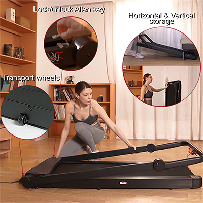 Model folding the Marcy Walk N Run Walking Pad Treadmill for storage with transport wheels and locking mechanism  