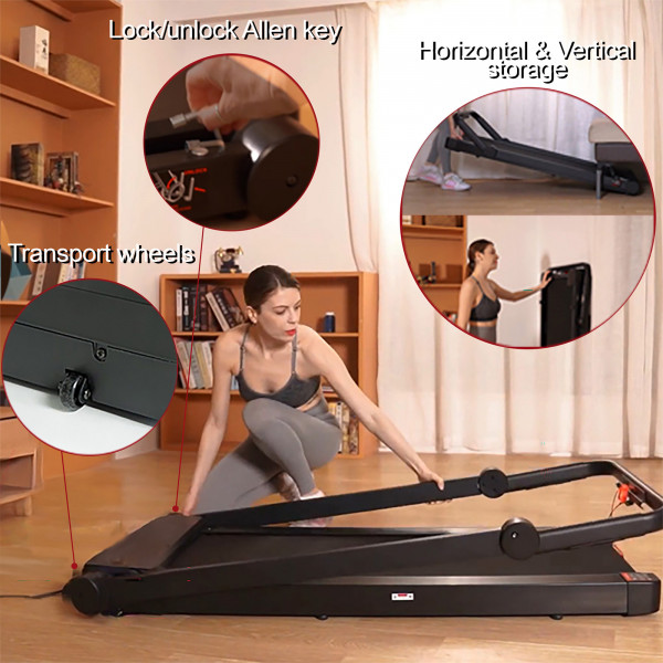 Model folding the Marcy Walk N Run Walking Pad Treadmill for storage with transport wheels and locking mechanism