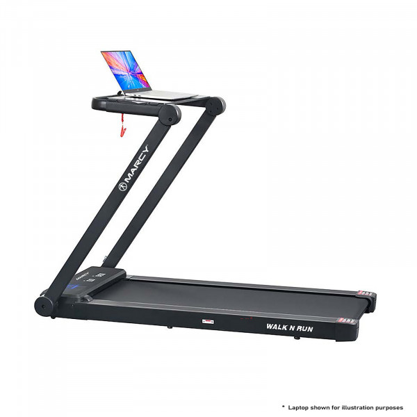 Marcy Walk N Run Walking Pad Treadmill with desktop and laptop setup