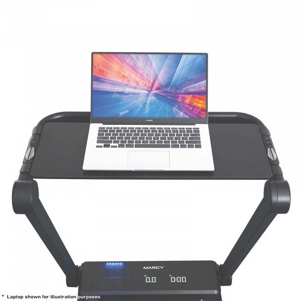 Top view of the Marcy Walk N Run Walking Pad Treadmill with desktop and laptop