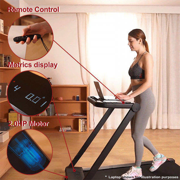 Model using the Marcy Walk N Run Walking Pad Treadmill with laptop workstation and feature highlights