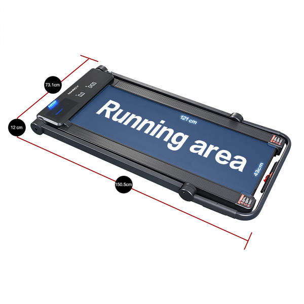 Top angled view of the Marcy Walk N Run Walking Pad Treadmill showing running area dimensions