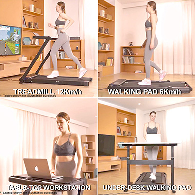 Usage modes of the Marcy Walk N Run Walking Pad Treadmill including treadmill, walking pad and workstation settings 