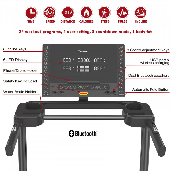 Console features and controls on the Marcy Cross Country Power Fold Treadmill