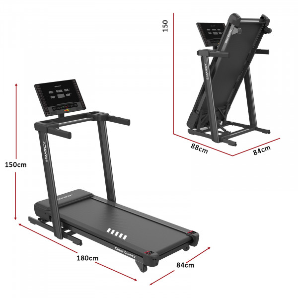 Dimensions of the Marcy Cross Country Power Fold Treadmill in open and folded positions