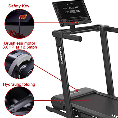 Safety key, brushless motor and hydraulic folding features on the Marcy Cross Country Power Fold Treadmill<br />U