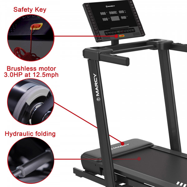 Safety key, brushless motor and hydraulic folding features on the Marcy Cross Country Power Fold Treadmill