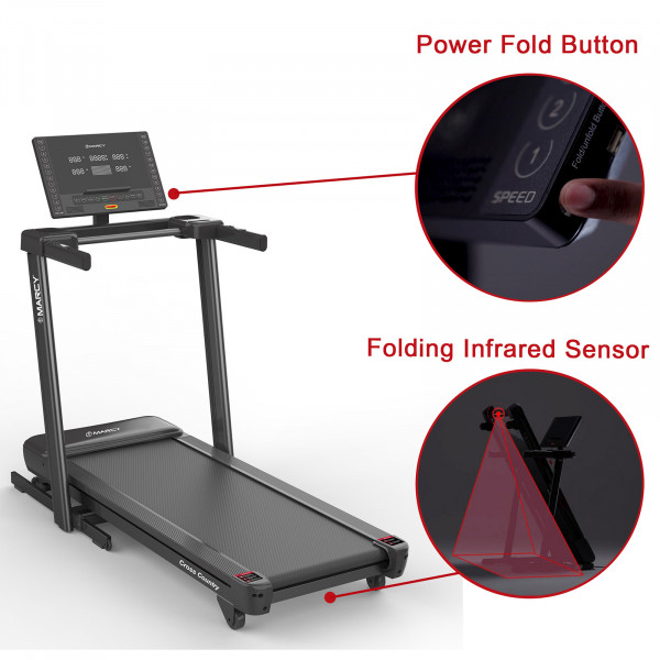 Power fold button and infrared sensor features on the Marcy Cross Country Power Fold Treadmill