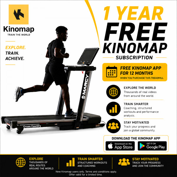 Promotional banner showing a model running on the Marcy Cross Country Power Fold Treadmill and a free 1-year Kinomap app subscription offer