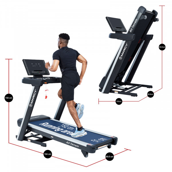 Dimensions of the Marcy All Terrain Power Fold Treadmill in open and folded positions