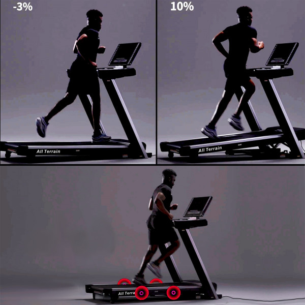 Model using the incline and decline settings on the Marcy All Terrain Power Fold Treadmill