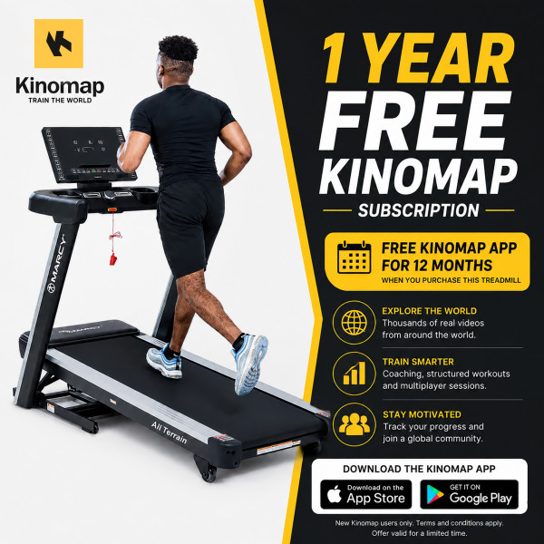 Promotional banner showing a model running on the Marcy All Terrain Power Fold Treadmill and a free 1-year Kinomap app subscription offer