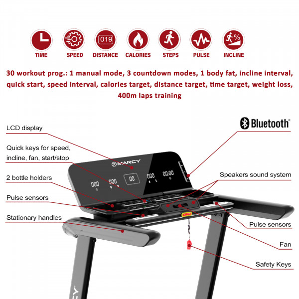 Console features of the Marcy Interceptor Compact Treadmill including Bluetooth connectivity and pulse sensors