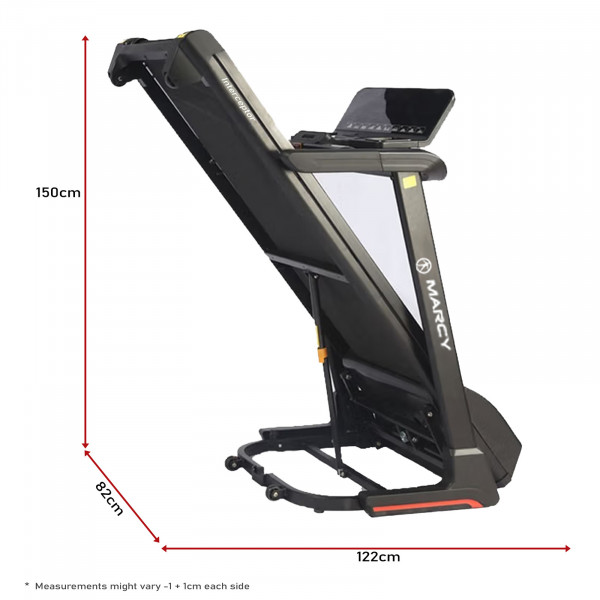 Marcy Interceptor Compact Treadmill folded upright with dimensions displayed for storage planning