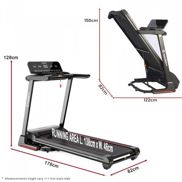 Marcy Interceptor Compact Treadmill dimensions showing both operating and folded footprints