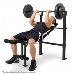 Marcy MWB-6501 Standard Weight Bench - lifestyle image of model performing bench press.