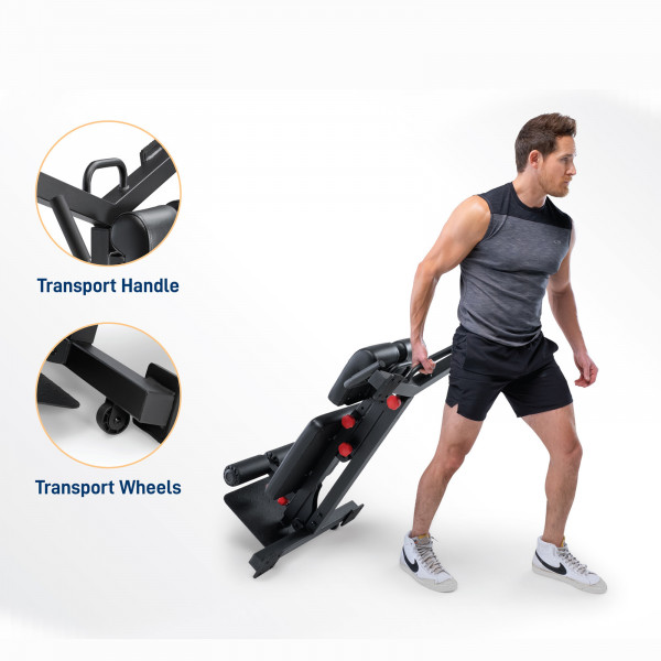 Image of the Marcy SB-1439 Hyper Extension Weight Bench showcasing the transport wheels