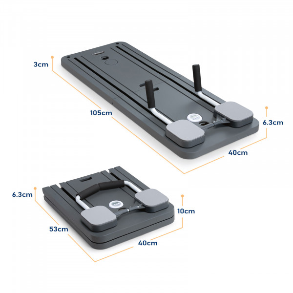 Dimensions view of the Marcy Pilates Core Trainer in open and folded positions