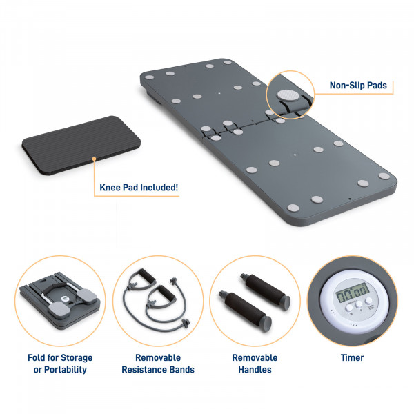 Feature view of the Marcy Pilates Core Trainer with accessories and non-slip pads