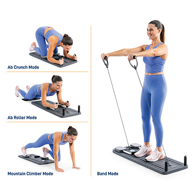 Multiple exercise modes shown on the Marcy Pilates Core Trainer  