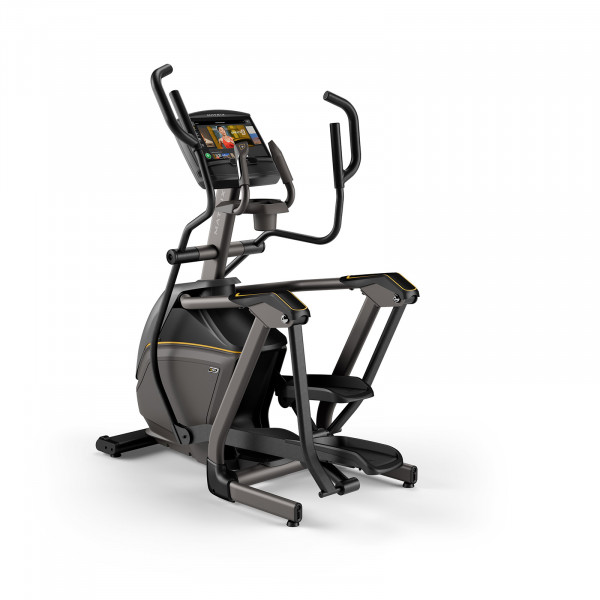 Back left view of the Matrix E50 Elliptical Cross Trainer with XIR console.