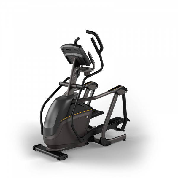 Front left view of the Matrix E50 Elliptical Cross Trainer with XIR console.