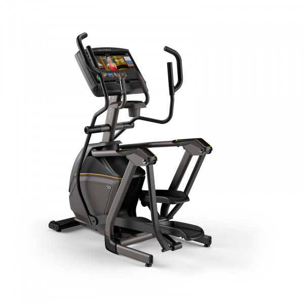 Back left view of the Matrix E50 Elliptical Cross Trainer with XUR console.
