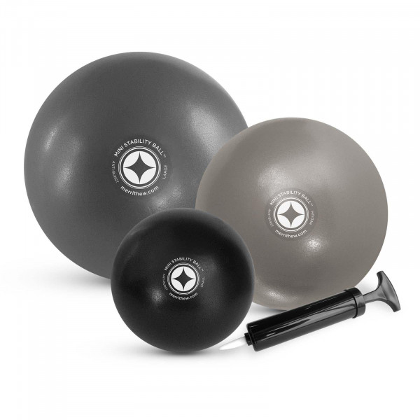 Front view of the Merrithew Mini Stability Ball set of 3 in small dark grey, medium silver and large grey with pump