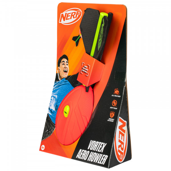 Red Nerf Vortex Aero Howler retail packaging angled front view