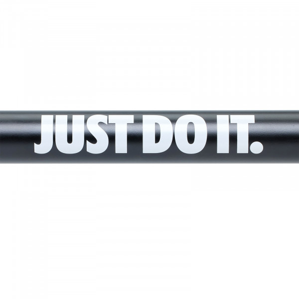 Side view of the Nike Strength Premium Barbell 20kg in black with the "Just Do It" slogan along the shaft.