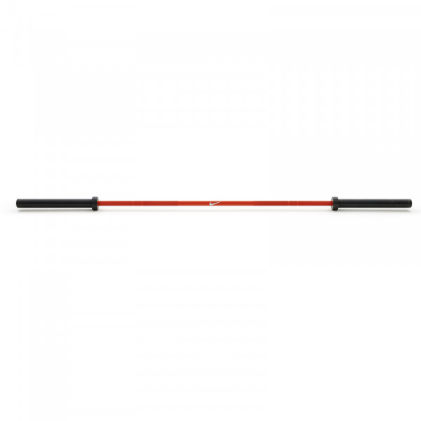 Straight-on view of the Nike Strength Premium Barbell 20kg in orange.