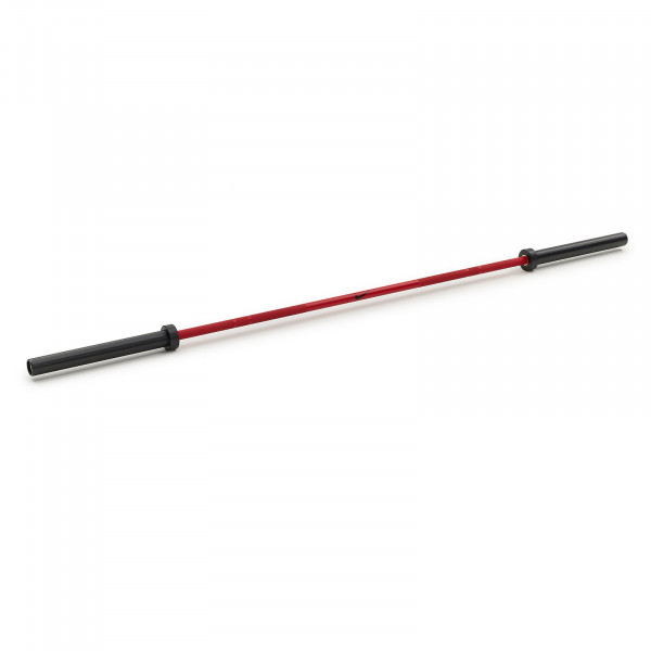 Full-length view of the Nike Strength Premium Barbell 20kg in red.